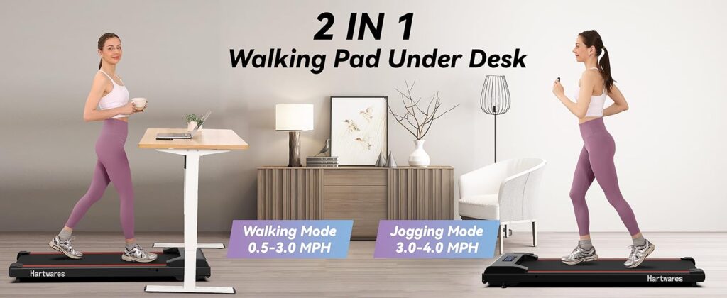 Hartwares treadmill folded flat under a sofa for space-saving storage