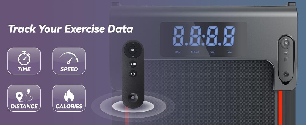 Hartwares Walking Pad Under Desk Treadmill LED display showing time, speed, distance, and calories
